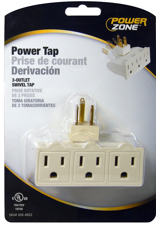 PowerZone OR101100 Outlet Adapter, 125 V, 3-Outlet, White