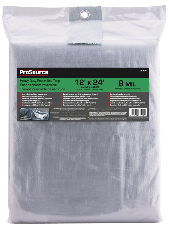 ProSource T1224GS140 Heavy-Duty Tarp, 24 ft L, 12 ft W, 8 mil Thick, Polyethylene, Green/Silver
