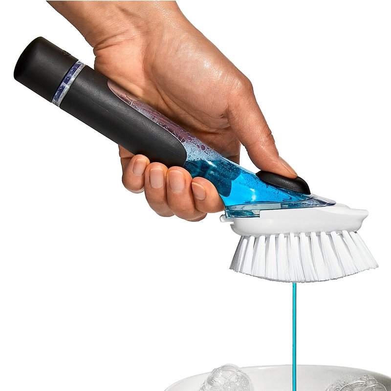 Oxo 12361700 Soap Dispenser Dish Brush, Nylon Bristle, 9.3 in L, Plastic/Rubber Handle, Black/Clear/White