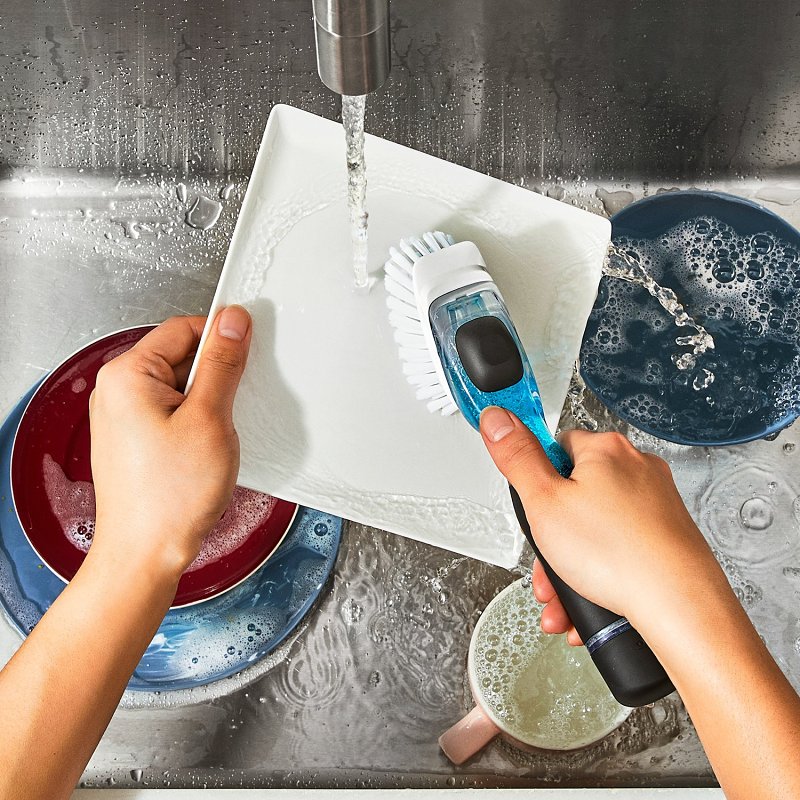 Oxo 12361700 Soap Dispenser Dish Brush, Nylon Bristle, 9.3 in L, Plastic/Rubber Handle, Black/Clear/White