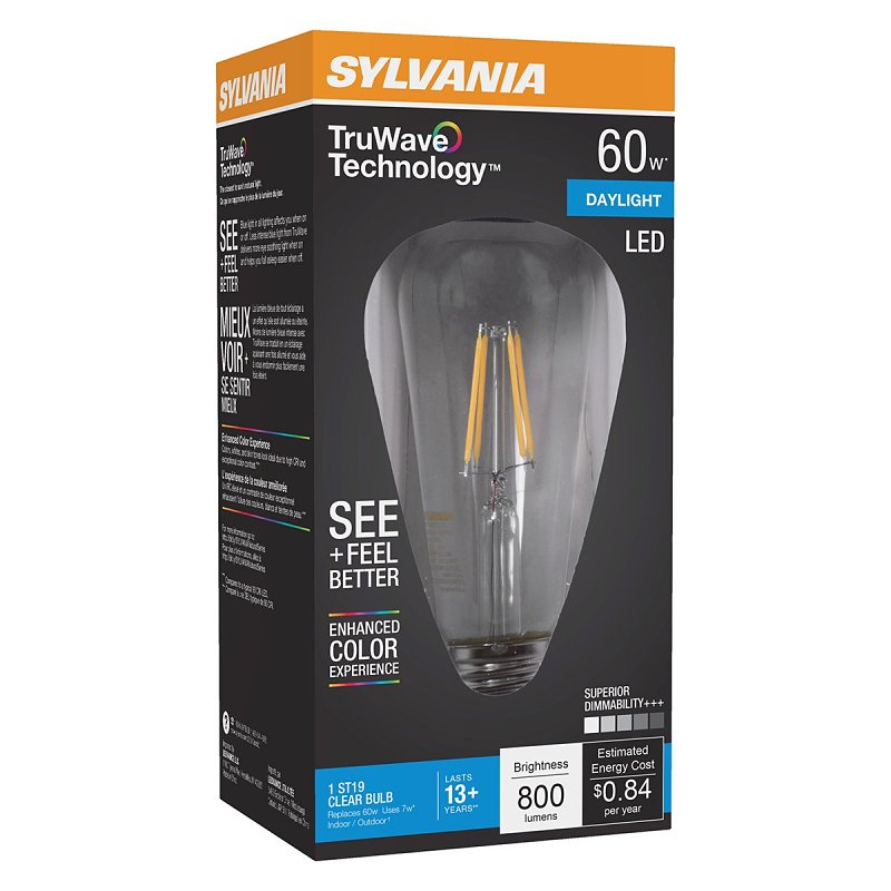 Sylvania Natural 41331 LED Bulb, ST19 Lamp, 60 W Equivalent, E26 Medium Lamp Base, Dimmable, Clear, Daylight Light