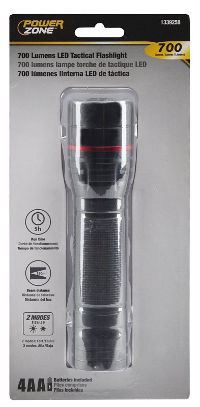 PowerZone 12098 Tactical Flashlight, AA Battery, LED Lamp, 700 Lumens, 150 m Beam Distance, 5 hrs Run Time, Black