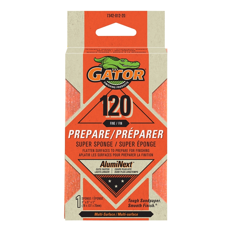 Gator 734201220 Sanding Sponge, 5 in L, 3 in W, 120 Grit, Aluminum Oxide Abrasive, S Size
