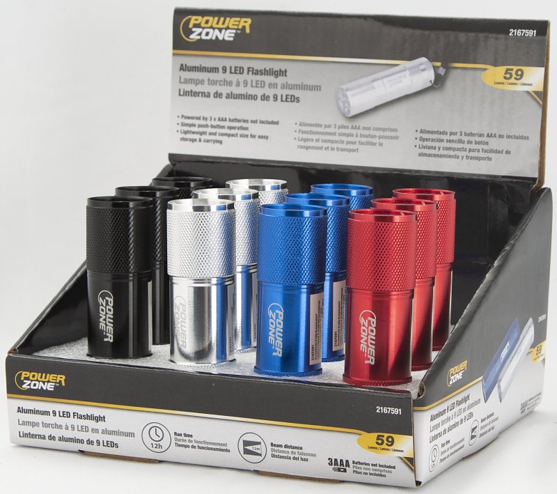 PowerZone LFL215-9T Flashlight, AAA Battery, AAA Battery, LED Lamp, 59, 12 m Beam Distance, 12 hr Run Time
