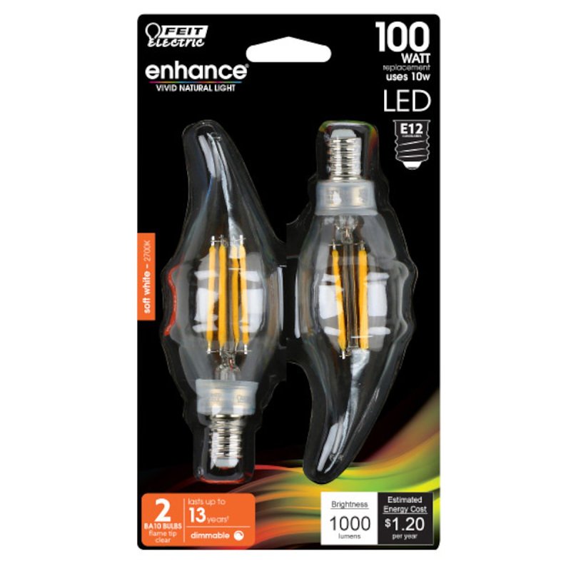 Feit Electric BPCFC100927CAFIL/ Filament LED Bulb, Flame Tip, BA10 Lamp, E12 Lamp Base, Clear