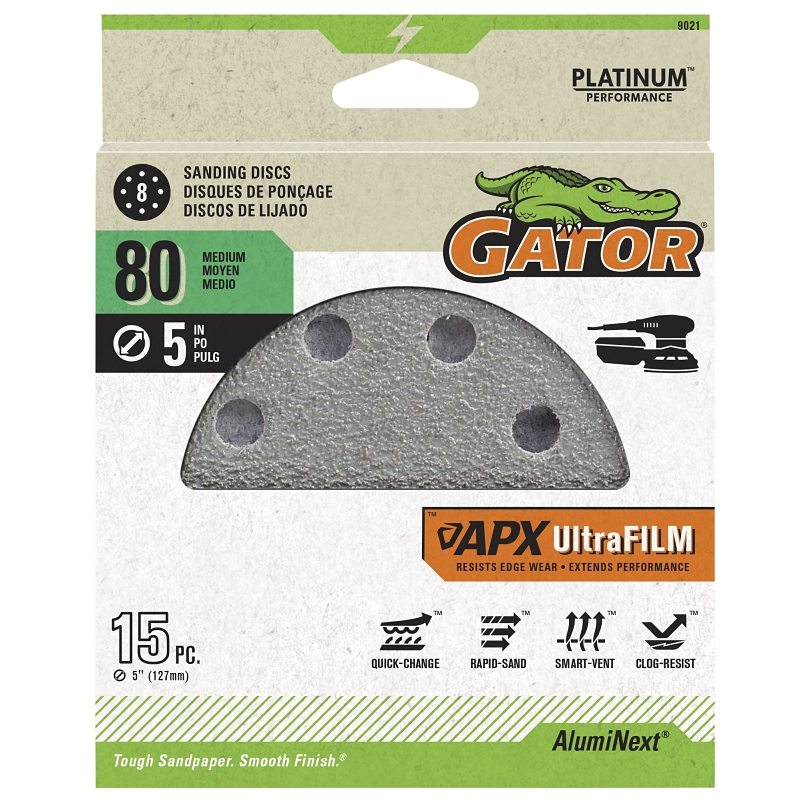 Gator 9021GA Sanding Disc, 5 in Dia, 80 Grit, Aluminum Oxide Abrasive, Film Backing, 8-Hole