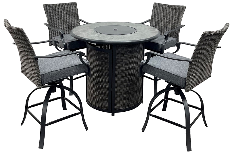 Seasonal Trends SH23S0880P Willow Creek Patio Bar Set w/Firepit Table, Cushion/Steel/Tile/Wicker, Charcoal/Gray