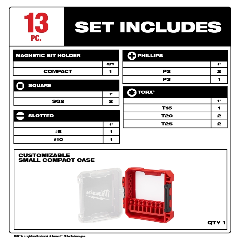 Milwaukee SHOCKWAVE Impact Duty 48-32-4035 Driver Bit Set, 13 -Piece, Magnetic, Alloy Steel