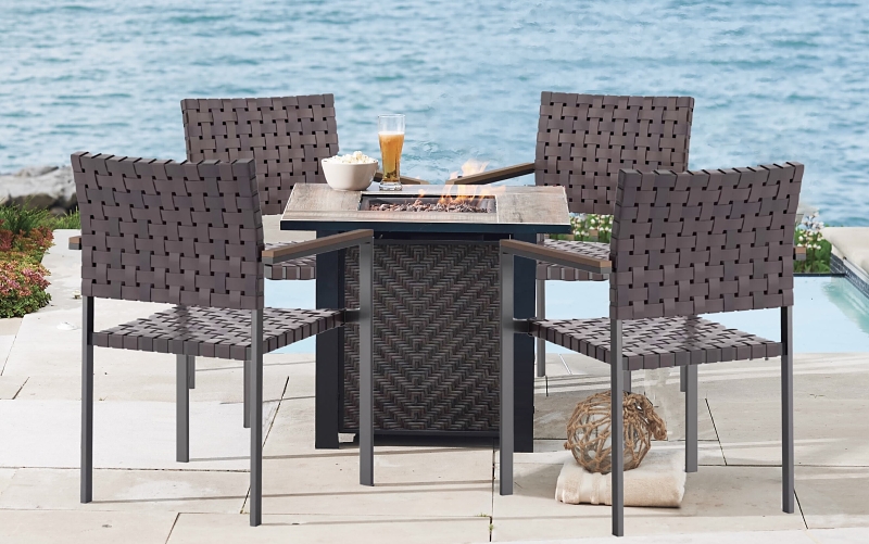 Seasonal Trends 141607 Madrid Fire Chat Set, Fire Chat Set, Ceramic Tile/Steel/Wicker, Brown, Powder-Coated
