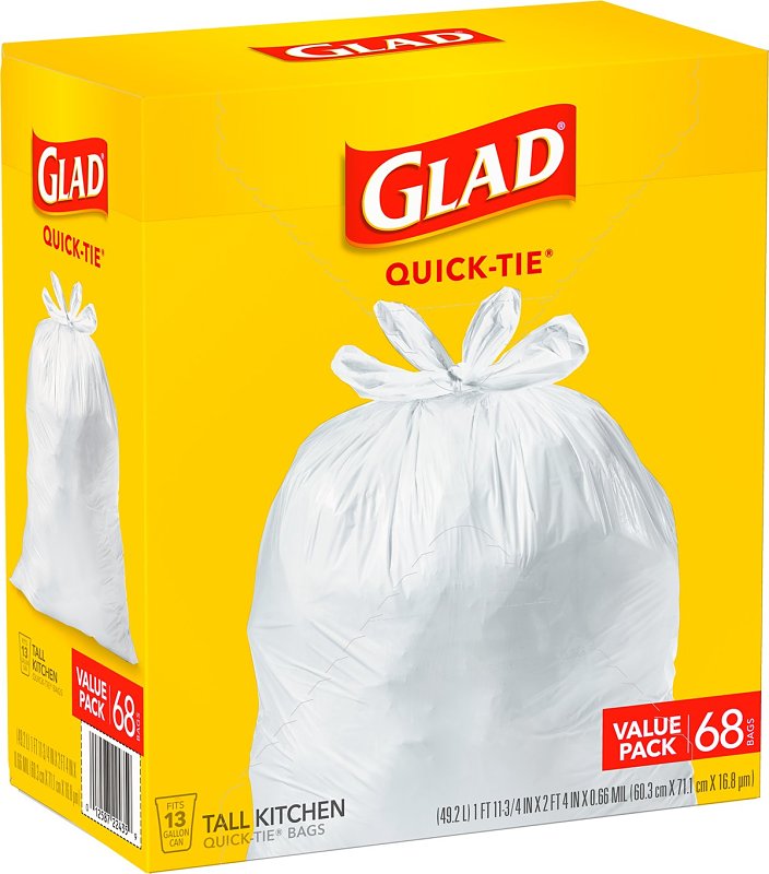 Glad 22435 Tall Kitchen Garbage Bag, 13 gal Capacity, Plastic, White