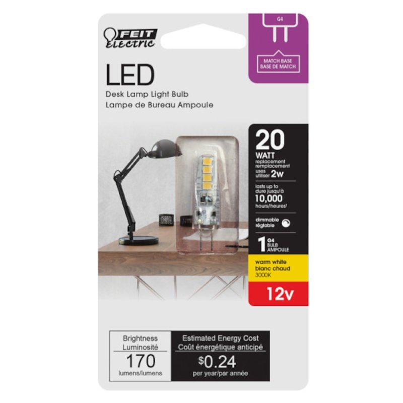 Feit Electric BP20G4/830/LED LED Bulb, Specialty, T4 Lamp, 20 W Equivalent, G4 Lamp Base, Dimmable, Warm White Light