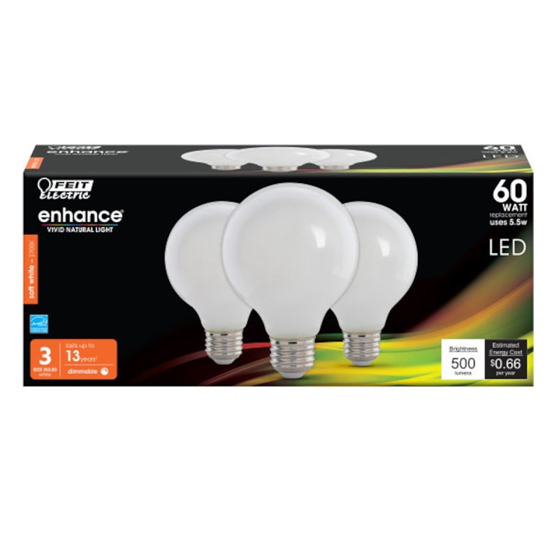 Feit Electric G2560W927CA/FIL/3/RP LED Bulb, Glass Filament, Globe, G25 Lamp, E26 Lamp Base, White