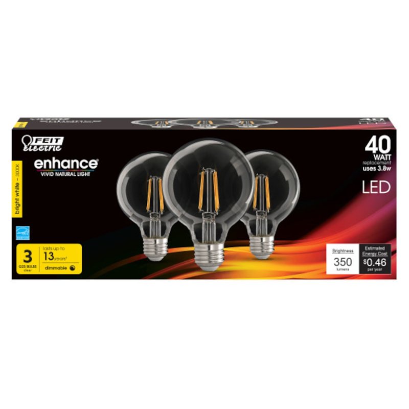 Feit Electric G2540/930CA/FIL/3 LED Light Bulb, G25 Lamp, 40 W Equivalent, E26 Medium Lamp Base, Dimmable, Clear