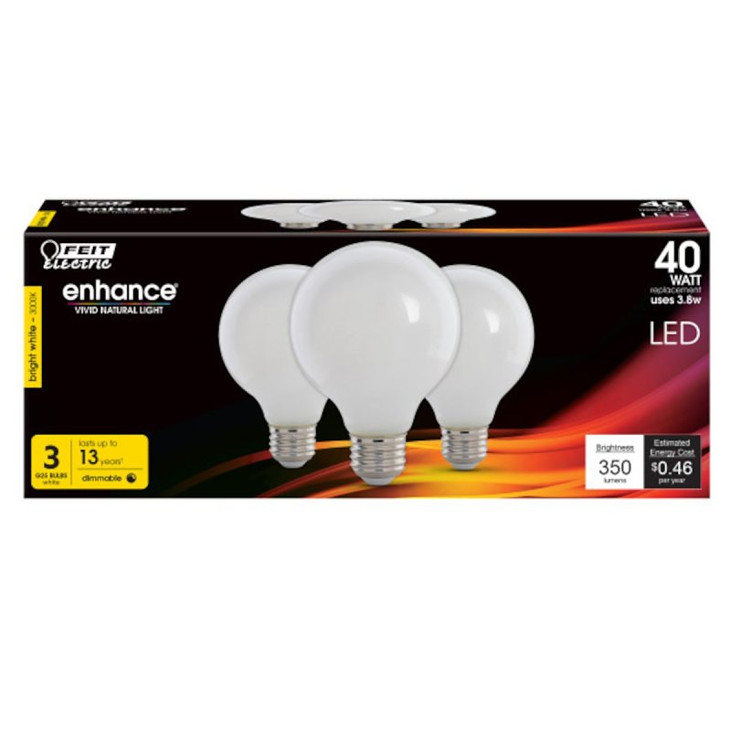 Feit Electric G2540W930CA/FIL/3 LED Light Bulb, G25 Lamp, 40 W Equivalent, E26 Medium Lamp Base, Dimmable, Frost
