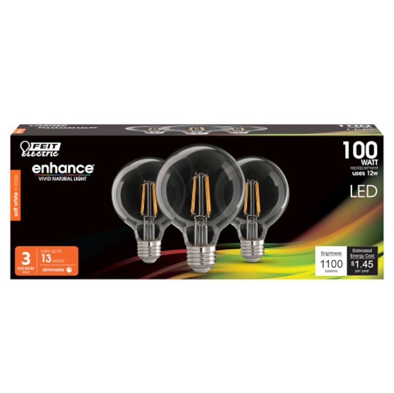 Feit Electric G25100927CA/FIL/3 LED Light Bulb, 120 V, 12 W, G25 Lamp, 100 W Equivalent, E26 Medium Lamp Base, 3/PK