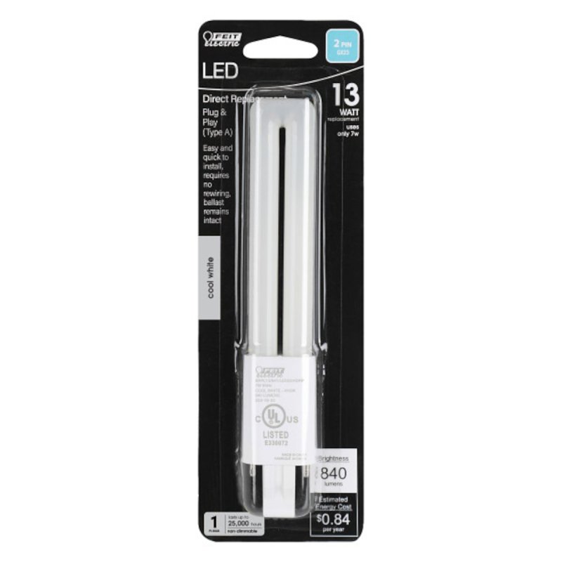 Feit Electric BPPL13/841/LEDG2HDRP Replacement LED Bulb, PL Lamp, 13 W Equivalent, GX23 Lamp Base, White, Cool White