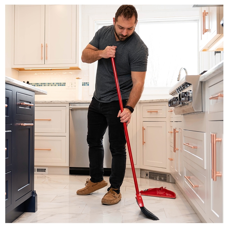 O-Cedar PowerCorner 158610 Angle Broom with Dust Pan, 12 in Sweep Face, Plastic Bristle, Black Bristle, 55 in L