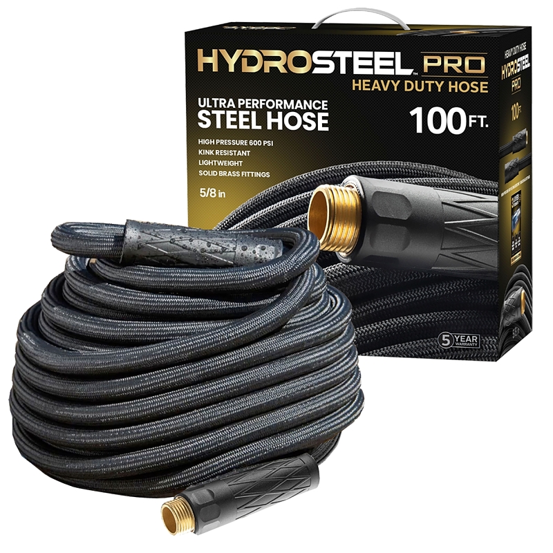 HydroSteel Pro 8586 Water Hose with Brass Nozzle, 3/8 in, 50 ft L, Rubber/Vinyl, Black