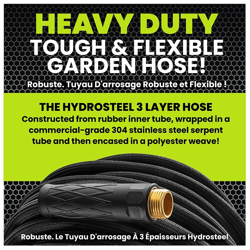 HydroSteel Pro 8586 Water Hose with Brass Nozzle, 3/8 in, 50 ft L, Rubber/Vinyl, Black