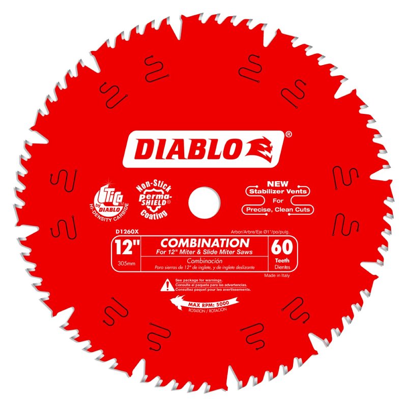 Diablo D1260X Circular Saw Blade, 12 in Dia, 1 in Arbor, 60-Teeth, Carbide Cutting Edge