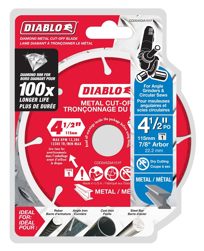 Diablo CDD045DIA101F Diamond Cut-Off Wheel, 4-1/2 in Dia, 7/8 in Arbor