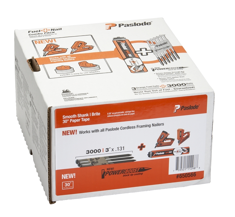 Paslode 650566 Framing Fuel and Nail Combo Pack, 3 in L, Steel, Brite, Offset Round Head, Smooth Shank