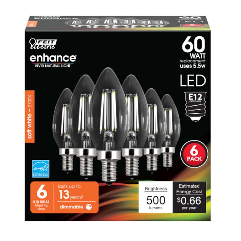 Feit Electric CTC60/927CA/FIL/6 LED Bulb, Decorative, 60 W Equivalent, E12 Lamp Base, Dimmable, Clear, Soft White Light
