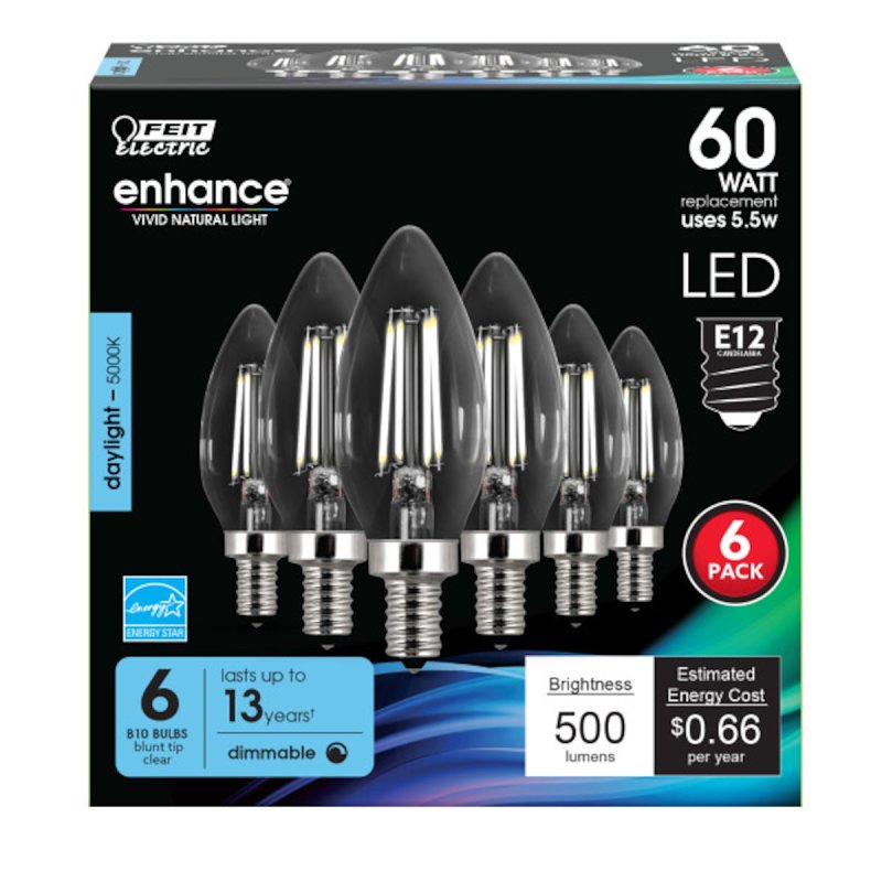 Feit Electric CTC60/950CA/FIL/6 LED Bulb, Decorative, 500 Lumens, 5.5 W, B10 Lamp, 60 W Equivalent, E12 Lamp Base, Clear