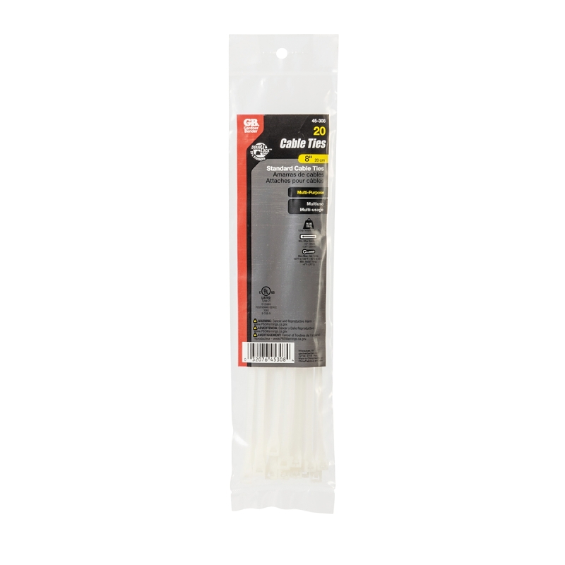 Gardner Bender 45-308 Cable Tie, 2 in Max Bundle Dia, Double-Lock Locking, 6/6 Nylon, Natural, 8 in L, 20/BAG