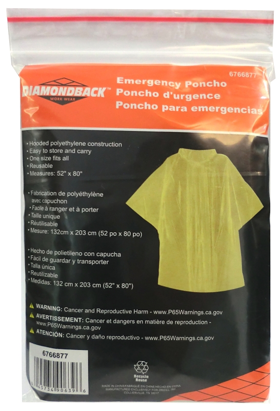 Diamondback 1743B Emergency Poncho, One-Size, PVC, Hooded Collar