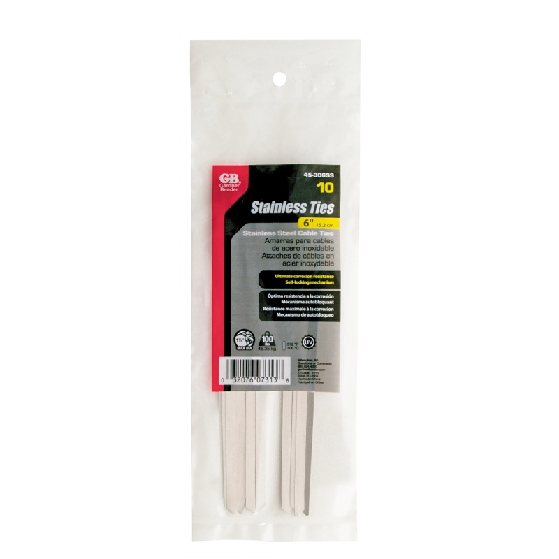 Gardner Bender 45-306SS Cable Tie, 304 Stainless Steel, Silver, 6.1 in L, 10/PK