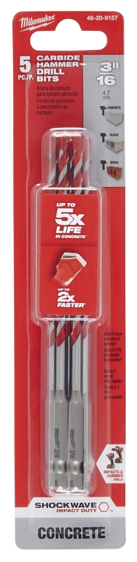 Milwaukee SHOCKWAVE 48-20-9157 Drill Bit, 3/16 in Dia, 6 in OAL, Precision Ground, Wide Flute, 1/4 in Dia Shank