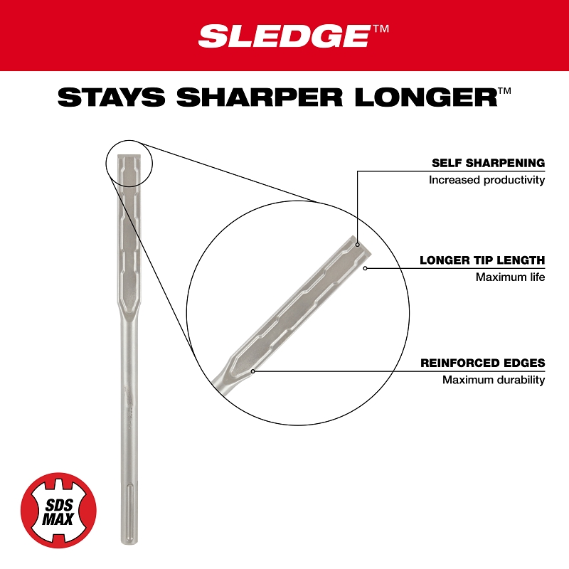 Milwaukee SDS Max SLEDGE 48-62-4252 Chisel Bit, 1 in W Tip, Flat Tip, 45/64 in Dia Shank, SDS Max Shank, Steel