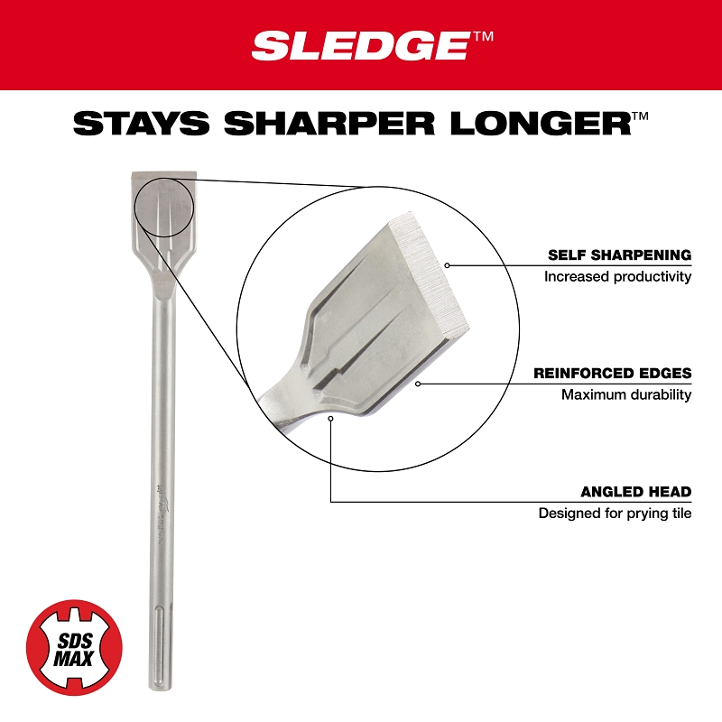 Milwaukee SLEDGE 48-62-4258 Tile Chisel, 45/64 in Dia Shank, SDS Max Shank, Steel, Bright, 15-1/4 in OAL