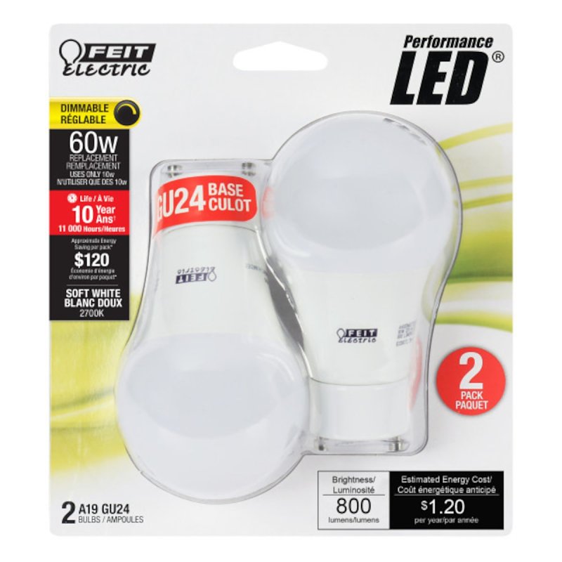 Feit Electric A60DM827GU2410KLED/2 LED Bulb, 120 V, 800 Lumens, 10 W, A19 Lamp, 60 W Equivalent, Dimmable, 2/PK