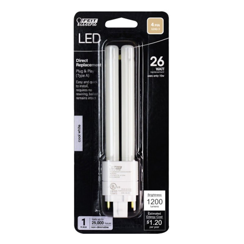 Feit Electric BPPLD26E841LEDG2HDRP Light Bulb, PL Lamp, 26 W Equivalent, GX24q (4-Pins) Lamp Base, Cool White Light