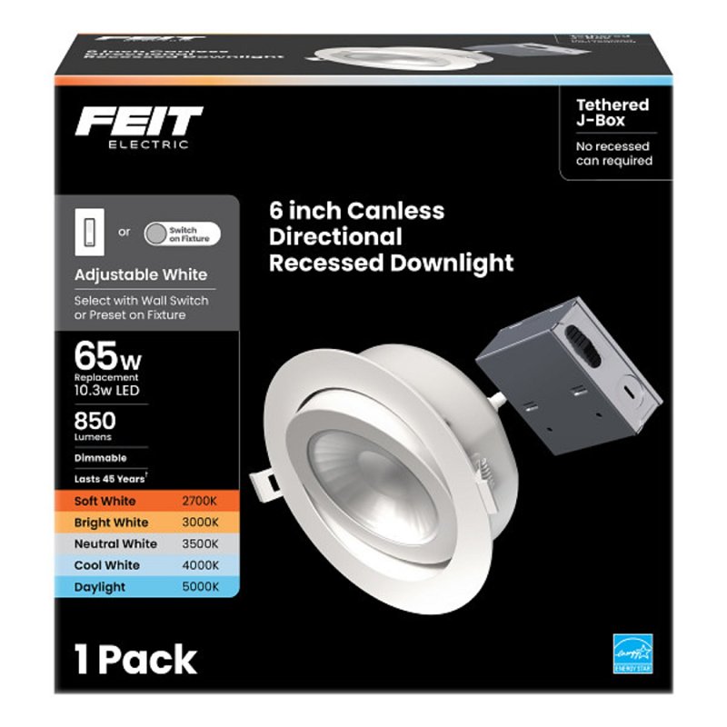Feit Electric LEDR6XT/ADJ/6WYCA Adjustable Angle Recessed Downlight, 10.3 W, 120 V, LED Lamp, Aluminum, White