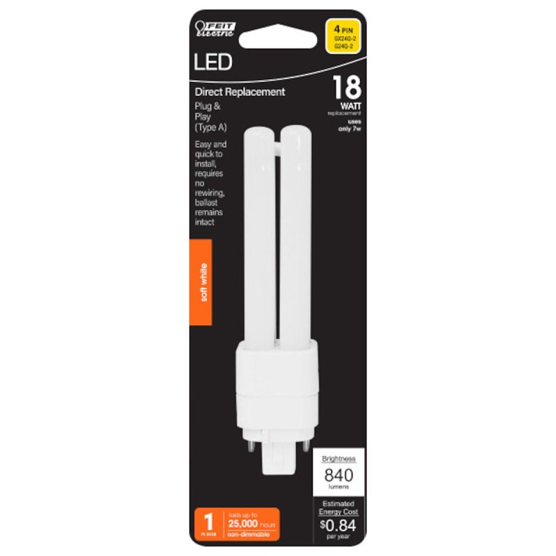Feit Electric BPPLD18E827LEDG2HDRP LED Bulb, Double Twin Tube, PL Lamp, 18 W Equivalent, G24Q-2 Lamp Base