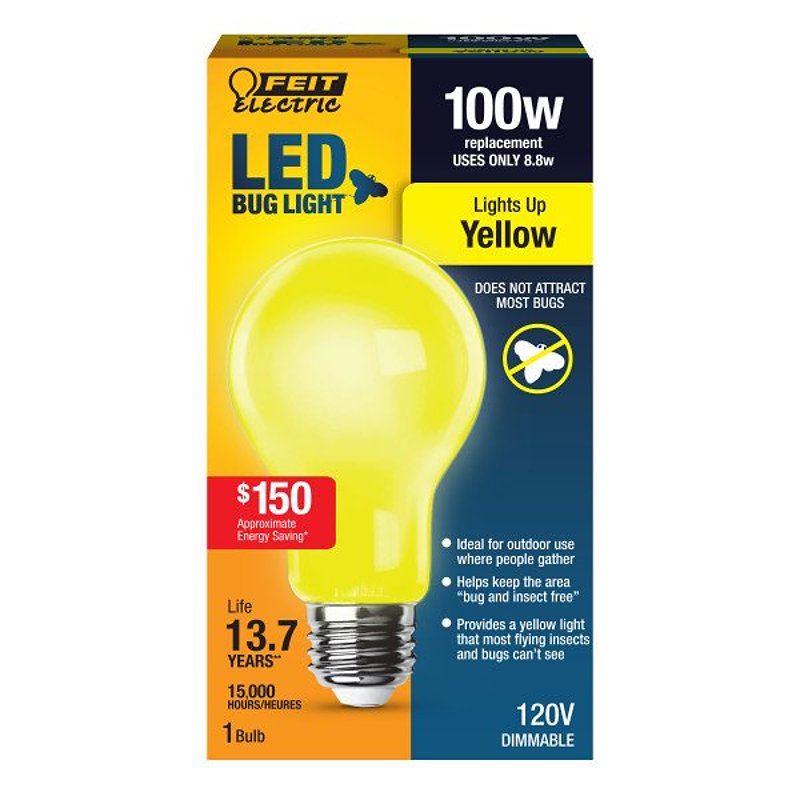 Feit Electric A19100/BUG/LED LED Bug Light, A19 Lamp, 100 W Equivalent, E26 Lamp Base, Yellow