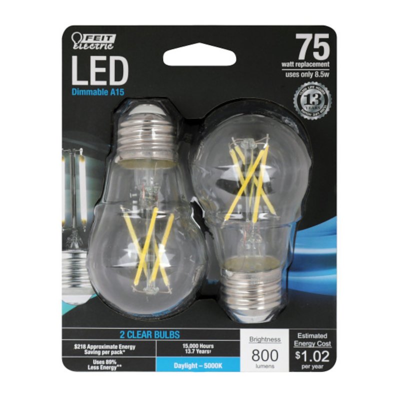 Feit Electric BPA1575/850/FIL/2 LED Bulb, Globe, A15 Lamp, 75 W Equivalent, E26 Lamp Base, Dimmable, Clear