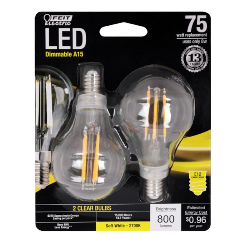 Feit Electric BPA1575C/827/FIL/2 Filament LED Bulb, A15 Lamp, 75 W Equivalent, E12 Candelabra Lamp Base, Dimmable, Clear