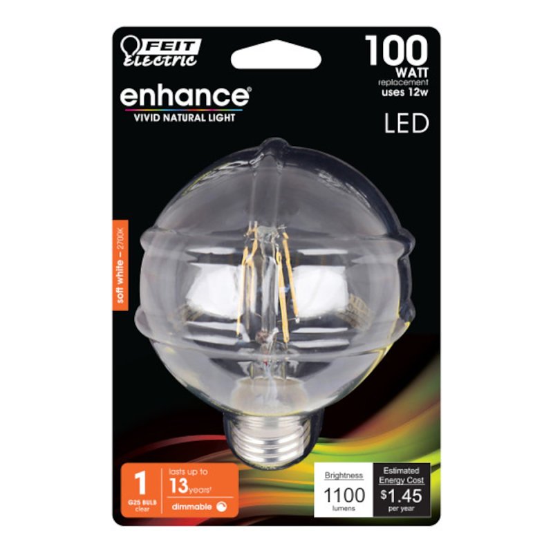 Feit Electric BPG25100/927CA/FIL LED Bulb, Globe Filament, G25 Lamp, E26 Lamp Base, Clear, Soft White Light