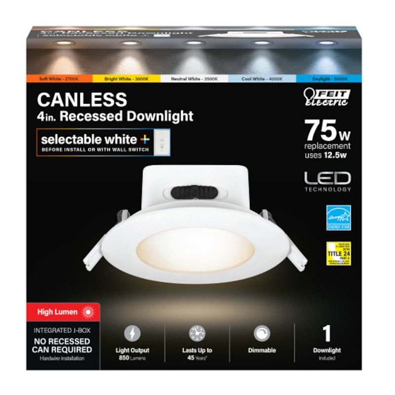Feit Electric LEDR4HOJBX/6WYCA Downlight, 12.5 W, 120 V, LED Lamp, Aluminum, White