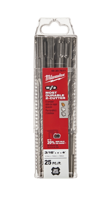 Milwaukee M2 48-20-7511 Drill Bit, 3/16 in Dia, 6 in OAL, Spiral Flute, 4-Flute, SDS Shank