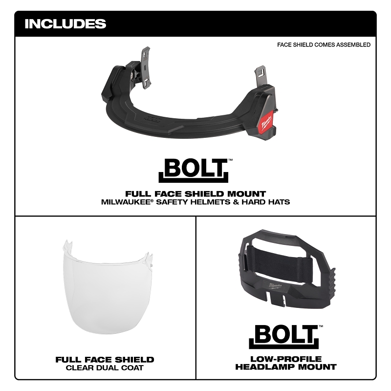Milwaukee BOLT 48-73-1420 Full Face Shield, 10 in W Visor, 9-1/2 in H Visor, 0.06 in Thick Visor, Clear Visor