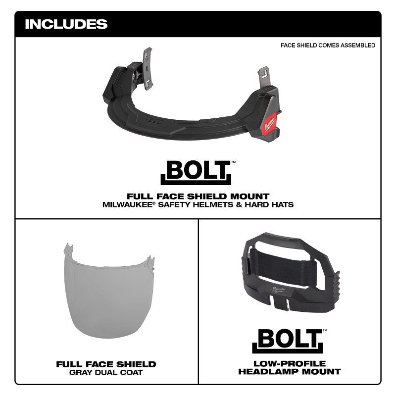 Milwaukee BOLT 48-73-1425 Full Face Shield, 10 in W Visor, 9-1/2 in H Visor, 0.06 in Thick Visor, Gray Visor