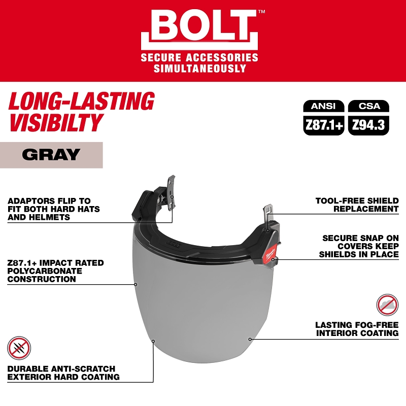Milwaukee BOLT 48-73-1425 Full Face Shield, 10 in W Visor, 9-1/2 in H Visor, 0.06 in Thick Visor, Gray Visor