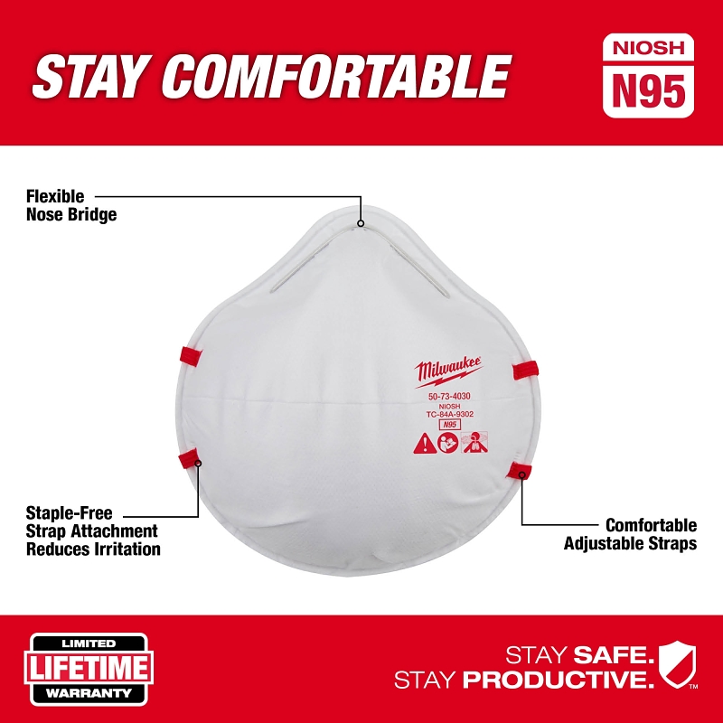 Milwaukee 48-73-4031 Respirator Dust Mask, Standard Mask, Red/White, N95 Filter Class