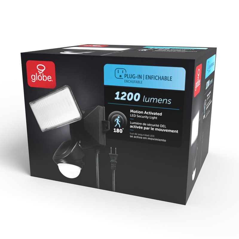 globe 17000198 Security Light, LED Lamp, Daylight, 1200 Lumens, 4000 K Color Temp, Plastic Fixture, Black Fixture