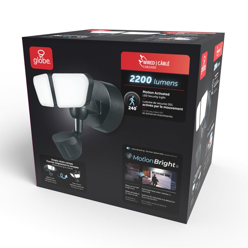 globe 17000204 Security Flood Light, LED Lamp, Bright White, 2200 Lumens, 4000 K Color Temp, Black Fixture